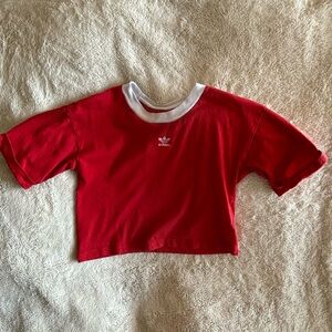 Red and white embroidered Adidas crop top with cuffed sleeves